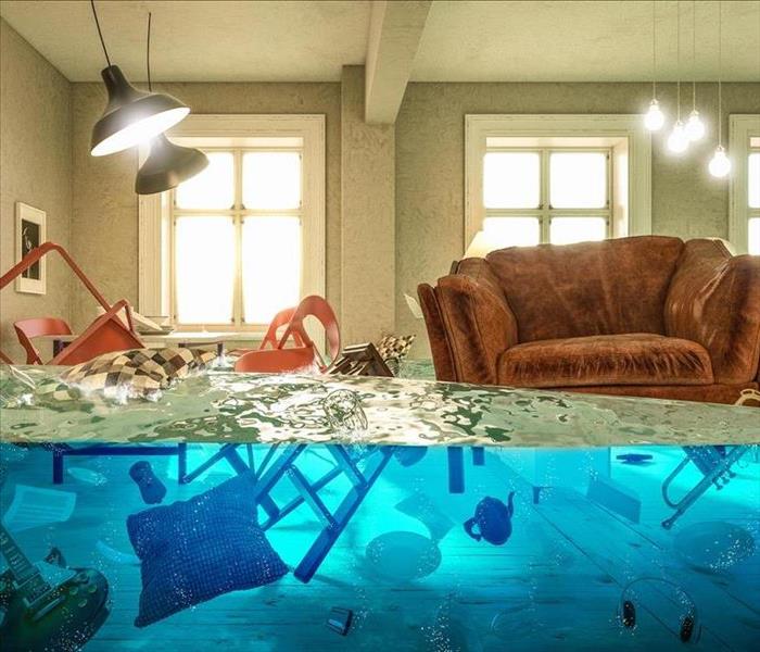 Flooded home with floating objects